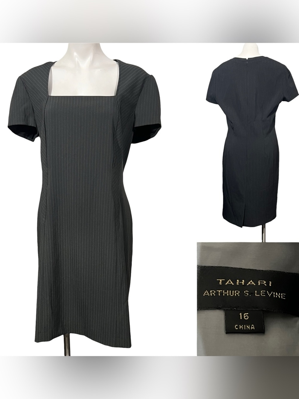 Tahari dress sz 16 gray Pinstripe Square Neck Sheath cap sleeve office church